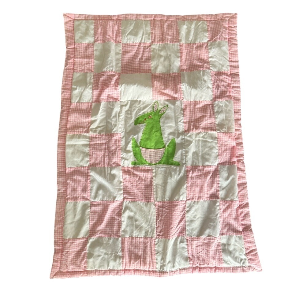 Pink and White Patchwork Baby Blanket with Green Kangaroo